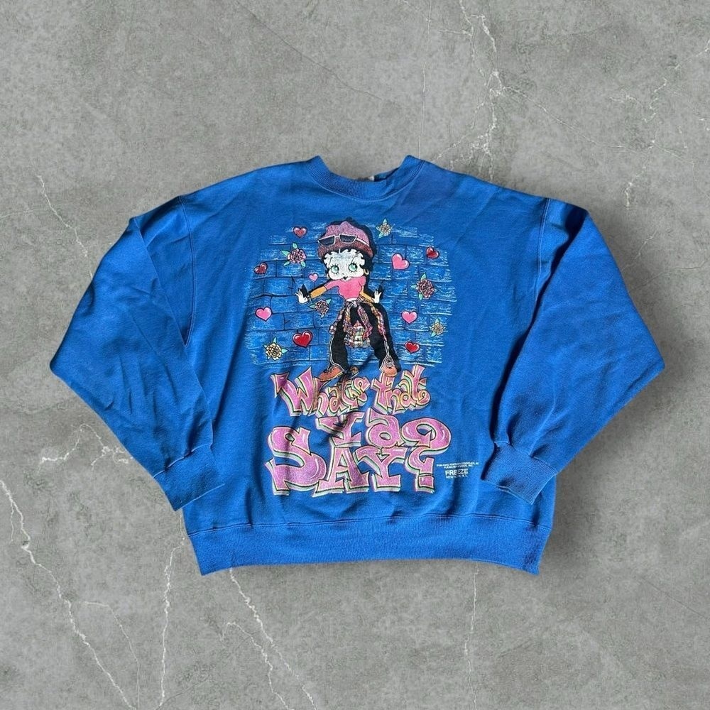 Vintage Betty Boop Sweatshirt Mens XL Blue‎ 90s 1994 Whats That Ya Say Pullover